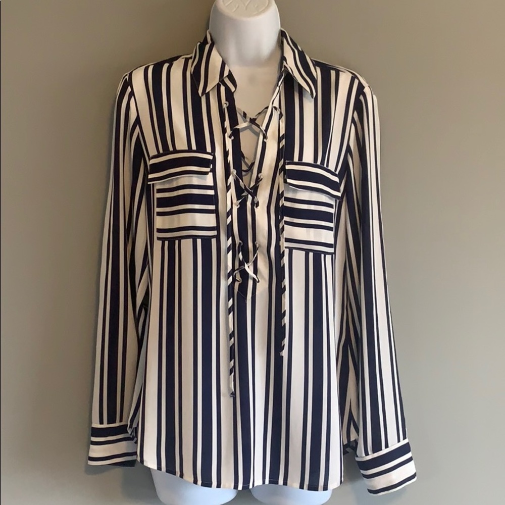 NWOT - Express : White & Blue : Striped Lace Up Dress Trendy Top - Picture 1 of 3